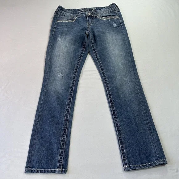 Seven7 Jeans Womens 4 Blue Slim Straight Mid Rise Distressed Stretch Denim - Picture 1 of 12